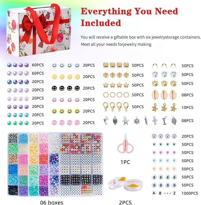 Premium 6-Box Clay Beads Bracelet Making Kit - 12,000 Polymer & Heishi Beads in 96 Colors,Jewelry Kit with Over 1,300 Letter Beads & Exclusive Mermaid Charms - Gift for DIY Enthusiasts
