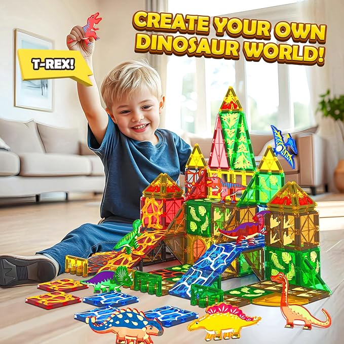 102PCS Dinosaur Toys Magnetic Tiles with 8 Dinosaurs for Kids 3-5 5-7, Jurassic Scenes Dinosaur World Set, Magnetic Blocks Kids Sensory Toys for Boys & Girls Ages 3+, Classroom Must Haves