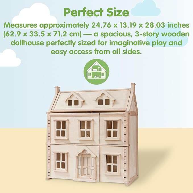 PlanToys® Victorian Wooden Dollhouse | 3-Story Large Doll House with Attic, Opening Panels & Sliding Windows | Pretend Play Dollhouse Compatible with 1:12 Scale Furniture & Wooden Dolls