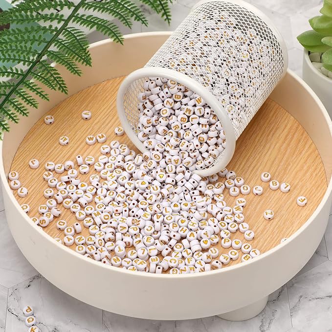 DECYOOL Letter Beads, 1900Pcs 4×7mm White Gold Acrylic Alphabet Beads with 1 Roll Elastic String for Bracelet Necklace Jewelry Making Supplies