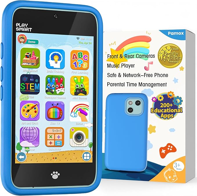 Kids Toy Phones with Dual Camera, Learning Toys Phones Gifts for Kid 3-12 with 200+ Educational Puzzle Games, 4" Touchscreen Rechargeable Blue Child Smartphones with Parental Control
