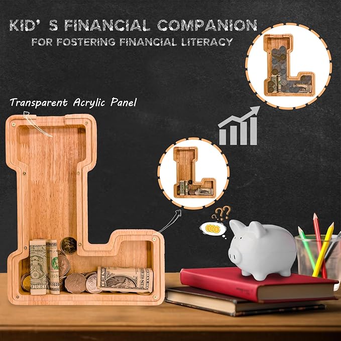 Wooden Letter Piggy Bank for Kids Larger Letter Piggy Bank for Boys and Girls Personalized Piggy Bank Initial Coin Bank Wood Kids Money Bank for Birthday and Festival