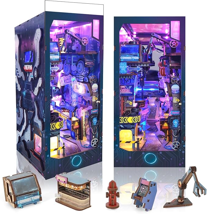 Cyberpunk DIY Book Nook Kit,Tech Miniature House Kit,Bookshelf Booknook Insert Dollhouse,Dust Proof Tiny House Model,3D Wooden Puzzle with Cool Lights,Easter Halloween Home Decor,Family Birthday Gifts