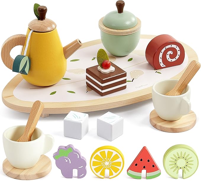 PairPear Wooden Tea Party Set for Little Girls 20pcs Pretend Play Fruit Tea Set with Pear Teapot, Dessert & Citrus Slices, Kids Kitchen Accessories Wooden Toys Food for Toddlers & Kids 3+