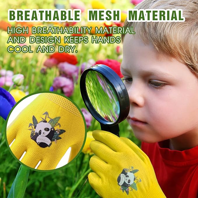 HANDLANDY 3 Pairs Kids Gardening Gloves Latex Free, Nitrile Coated Children Toddler Garden Yard Outdoor Playing Gloves for Little Girls Boys (Size M)