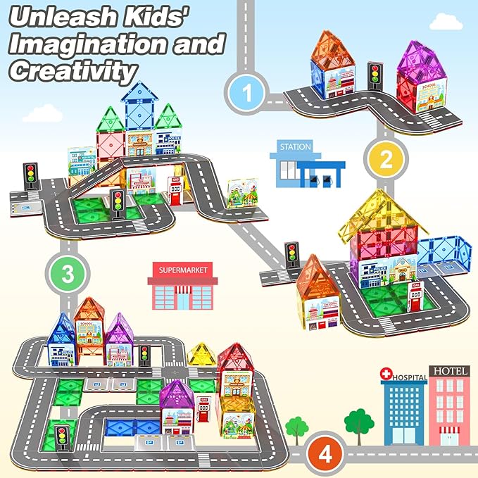 92PCS Magnetic Tiles Build Your Own Live City Toddlers Kids Toys City Road Construction Sensory Toys Preschool Learning Play with Cars Pretend Play Toy Gift for 3 4 5 6 7 Year Old Boys Girls