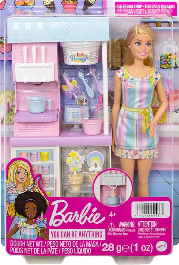 Barbie Careers Playset, Ice Cream Shop Set with Blonde Fashion Doll, Ice Cream Machine, Molds, Dough & Accessories