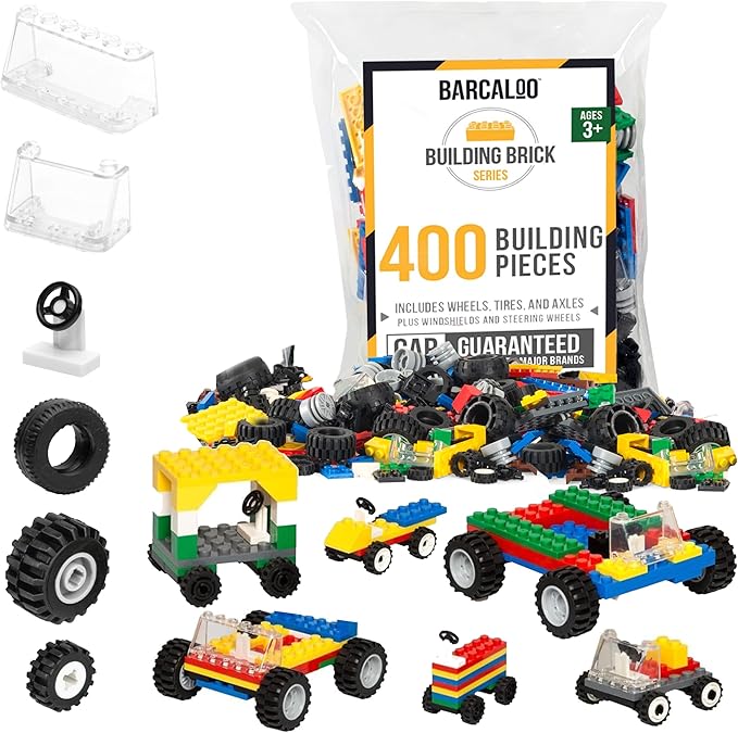 Barcaloo 400 Piece Wheels and Axles Sets, Building Bricks Car Parts and Pieces Kit - Car Building Set with Wheels, Axles & Windshields and Bonus Bricks