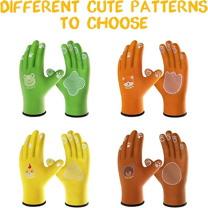 COOLJOB Breathable Toddler Work Gloves for Gardening Boy Girl Ages 4-6 Medium, Nylon Kids Garden Gloves with Grip, Children Yard Gloves for Digging Weeding Landscaping, Yellow & Brown, 2 Pairs