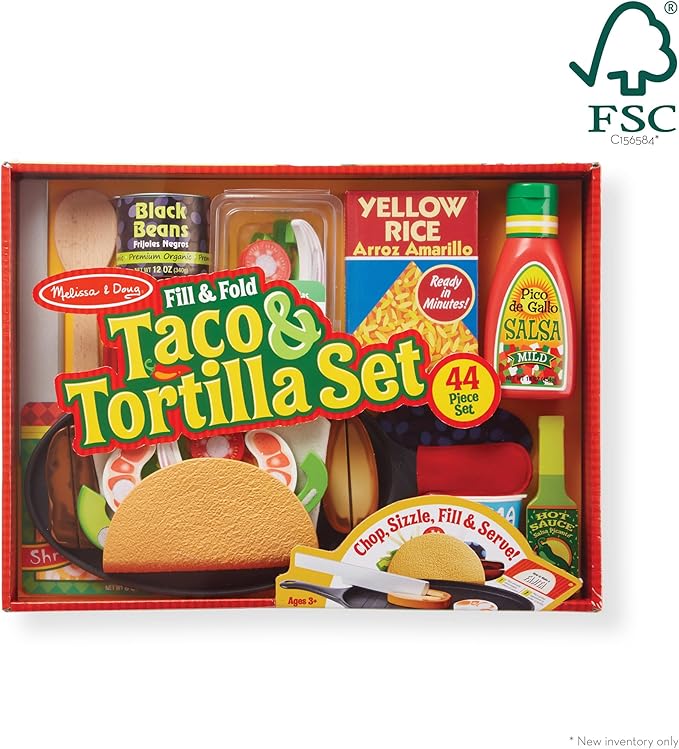 Melissa & Doug Fill & Fold Taco & Tortilla Set, 43 Pieces – Sliceable Wooden Mexican Play Food, Skillet, and More - FSC Certified