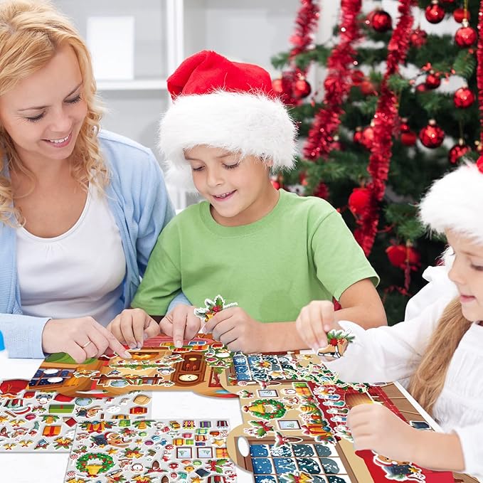 Christmas 3D Puffy Sticker Play Set Xmas Activity Book for Kids Toddlers 2-4 Toys Sticker Merry Christmas Holiday Party Supplies 100 Reusable Puffy Window Decals 2 Fold-Out Fireplace Scenes