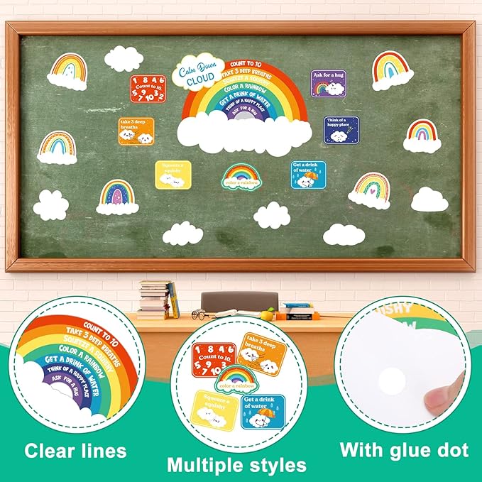 Tatuo 69 Pcs Calming Corner Posters Calm Down Cloud Mini Bulletin Board Set Calming Corner Supplies Rainbow Cloud Cutouts Classroom Decor for Back to School Kids Educational Learning Activities