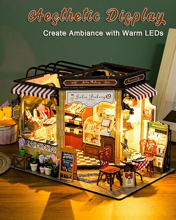 Miniature House Kit Julia Bakery, DIY Dollhouse Kit for Adults with Furniture & LED, Tiny House Kit Wooden Craft Gift for Adults Women Teens