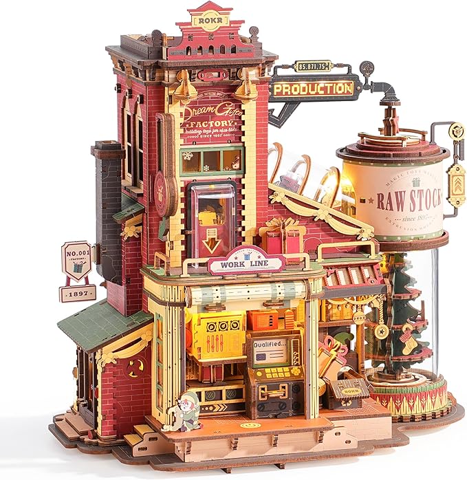 ROKR 3D Puzzle for Adults Christmas Style Dream Gift Factory Wooden Model Kit Luminous Factory DIY Dollhouse Kit Building with Music, Lights and 5 Elves for Adults