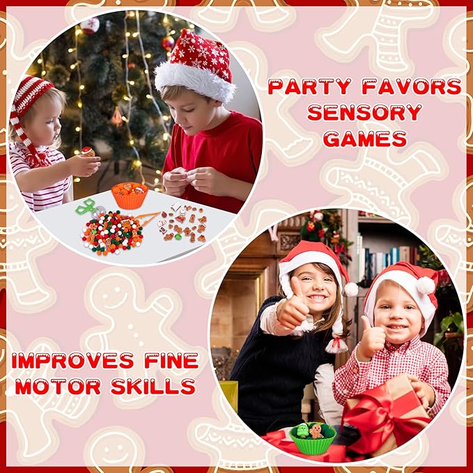 200 PCS Christmas Sensory Bin Filler Winter Sensory Bin Items 160 Pompoms 22 Gingerbread Man 8 Cups 6 Tweezers 3 Scissor Clips 1 Storage Box for Christmas Fine Motor Toys Counting Sorting Training