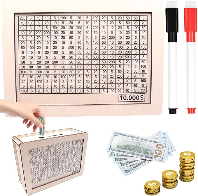 Money Saving Box, Wooden Money Box with Money Target and Numbers, Savings Challenges Money Box, Cash Savings Box, Bank for Adults Kids (10000 Dollar)