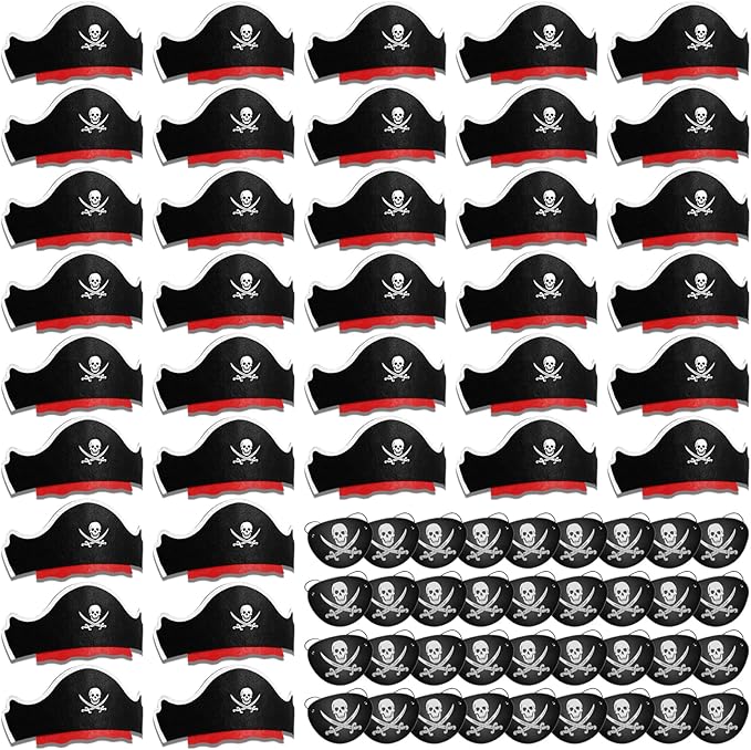 Legigo 72 Pcs Pirate Hat with Eye Mask - Classic Costume Cap Accessories for Pirate Party Cosplay Caribbean Dress, Black