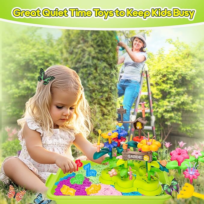 Flower Garden Sensory Bin Toys for Toddlers Kids Age 3-6, 51 PCS Garden Building Blocks, 2.2lbs Sensory Play Sand, 10 Sandbox Toys, Garden Play Set, Preschool Learning Toys Gifts for Boys Girls