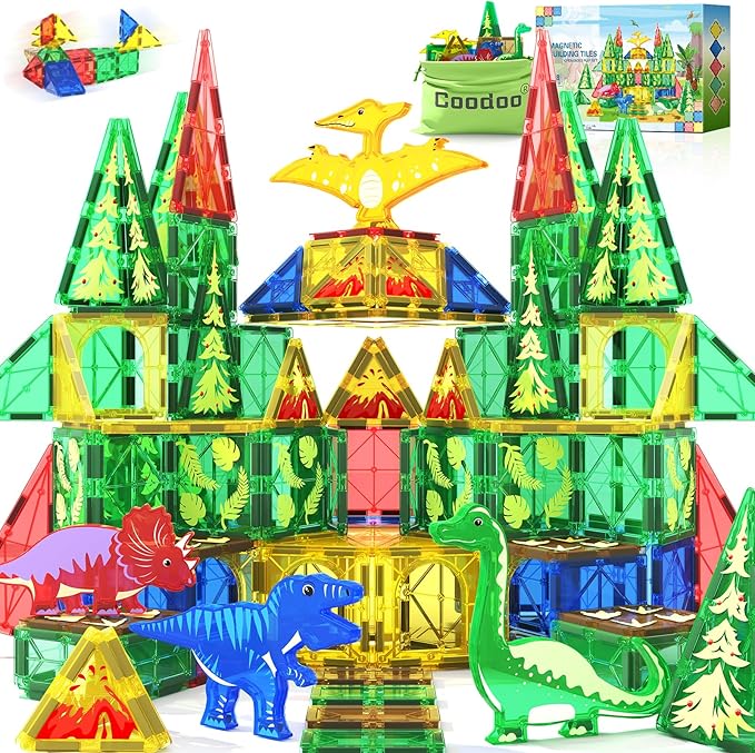 Dinosaur Toys Magnetic Tiles - Magnet Building Blocks for Toddler Kids Toys STEM Sensory Outdoor Toy for 3+ Year Old Boys and Girls, Dinosaur World Creative Games Kids