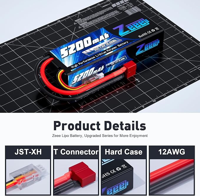 Zeee 7.4V Lipo Battery 2S 50C 5200mAh Lipos Hard Case with T Connector for RC Car Trucks 1/8 1/10 RC Vehicles(2 Packs)