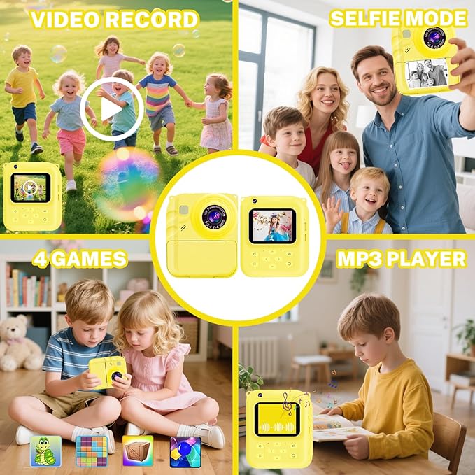 Instant Print Camera for Kids, 1080P Video Camera with 3 Print Rolls, 32GB Card & Cute Cover, Gift for Girls Boys Age 3-12, Toddler Digital Camera with Games, Filters, Music – Yellow