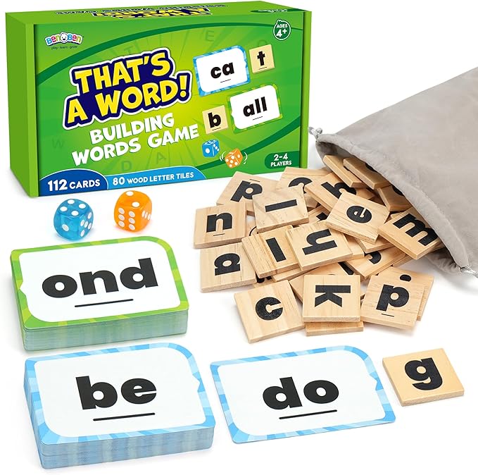 BenBen Spelling Games with 112 Flash Cards, Wooden Letter Tiles, CVC Sight Word Games for Kids Ages 4+, 1-4 Players, Decoding, Learn to Read Learning Toys for Kindergarten 1st 2nd 3rd Grade