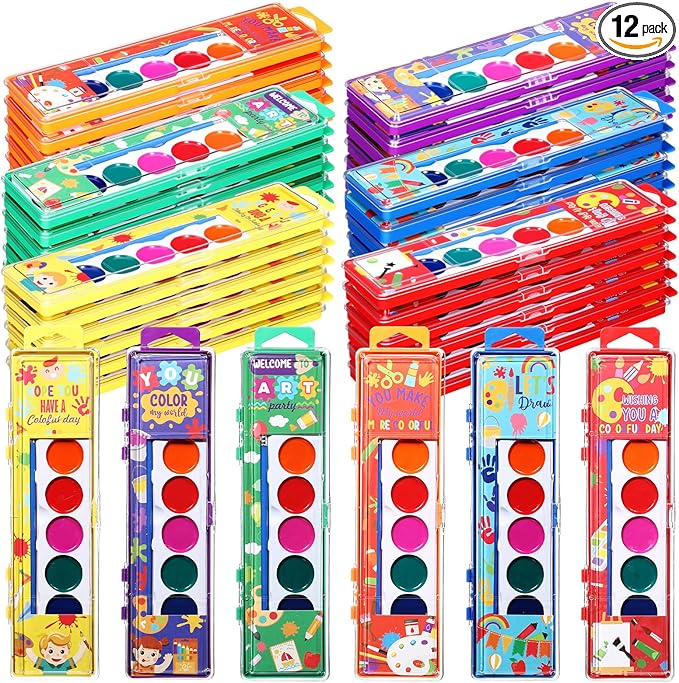 12 Packs Halloween Watercolor Paint Set for Kids 8-Color Washable Watercolor Paint Bulk with Paintbrush for Preschool Classroom Painting Favors Back to School Gifts Halloween Party Supplies