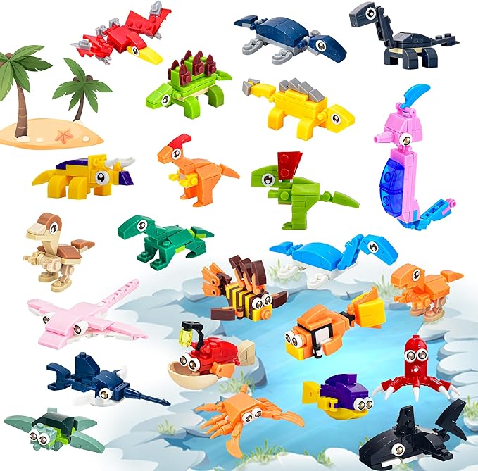 24 Packs Mini Building Blocks Animal Set Pinata Stuffers Prize Box Toys for Kids Classroom Activity with Themes of Dinosaur and Sea Creatures