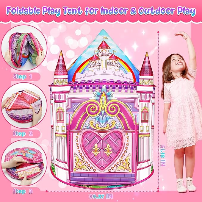 Toys for Girls,Large Kids Tent Toddler Girl Toys,Foldable Tent for Kids with Carry Bag Indoor Playhouses,Princess Toys for 3-12 Year Old Girl Castle Playhouse Unicorns Gifts for Girls