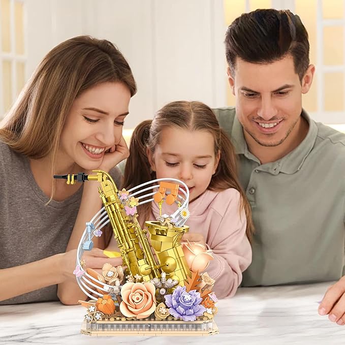 Mini Building Blocks Sets Flower Saxophone - 1000+PCS Musical Instrument Micro Building Bricks Kit Toy - Creative Ideals, Collectible Architecture Decoration, Gift for Adults(Saxophone Flower)