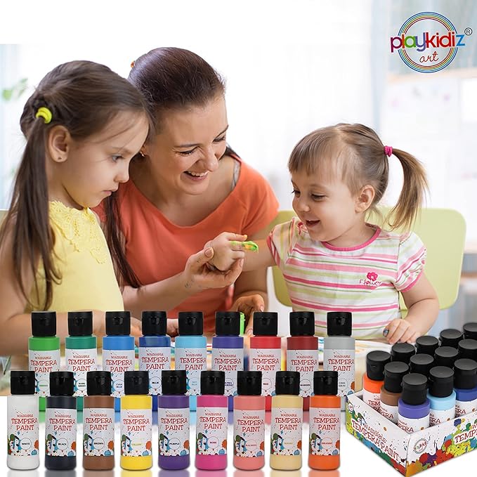 Washable Tempera Paints Set of 18 for children, Kids Non-Toxic Acrylic Paint, Kid Friendly, Kid Safe Paint Set, Includes Variety of Brushes, Color, Craft, Create and Party.