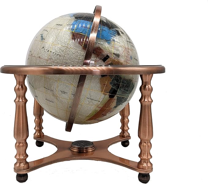 Limited Edition! Unique Art Since 1996 Pearl Ocean Table Top Gemstone World Globe with 4 Leg Copper Plated Zinc Alloy Stand (220MM/PEARL OCEAN/4LEG COPPER)