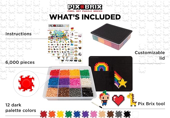 Pix Brix Pixel Art kit Puzzle Bricks – 6,000 Piece Pixel Art Container, 12 Color Dark Palette – Interlocking Building Bricks, Create 2D and 3D Builds Without Water or Glue – Stem Toys, Ages 6 Plus