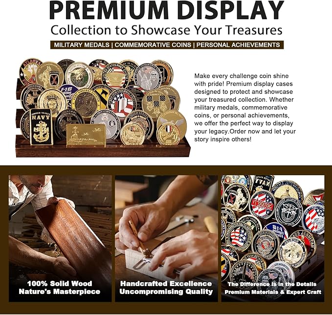 Handmade 3-Tier Challenge Coin Display Case - Holds 40+ Military Coins - Walnut Finish Wooden Holder for Desk Display - Premium Gift for Collectors & Armed Forces (Retirement, Promotion)