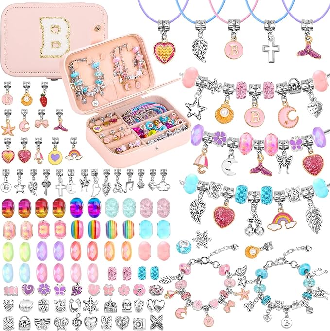 Charm Bracelet Making Kit with Jewelry Box Charm Beads for Jewelry Making DIY Bracelet Craft Kit for Birthday Gifts Valentine Christmas