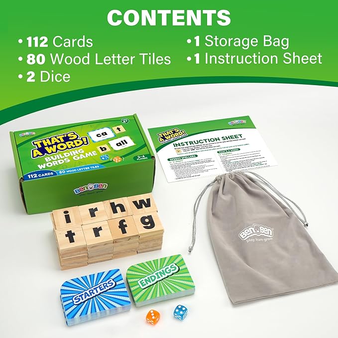 BenBen Spelling Games with 112 Flash Cards, Wooden Letter Tiles, CVC Sight Word Games for Kids Ages 4+, 1-4 Players, Decoding, Learn to Read Learning Toys for Kindergarten 1st 2nd 3rd Grade