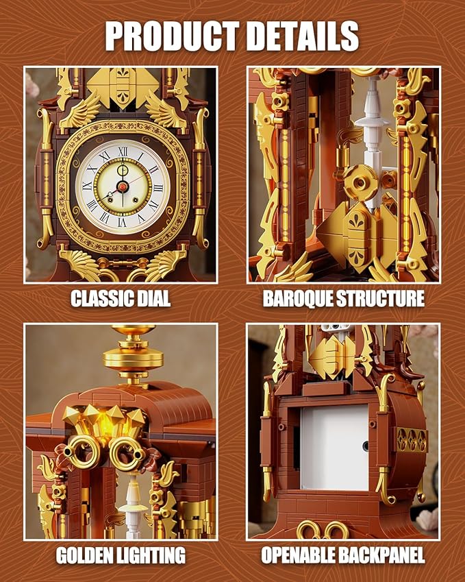Vintage Clock Building Block Set, Stem Toy with Real Clock Function and Controllable Lighting, Technic Building Kit, Unique Home Decoration and Collectible, Birthday Gifts for Adults & Kids 6-12