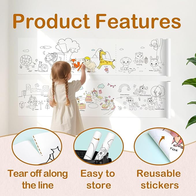 YPLUS Children Drawing Roll, Coloring Paper Roll for Kids, 120 x 11.8 Inch Sticky DIY Painting Drawing Paper Rolls for Toddler, Kids' Gift, Party Activities, Wall Coloring Paper Stickers - Animal