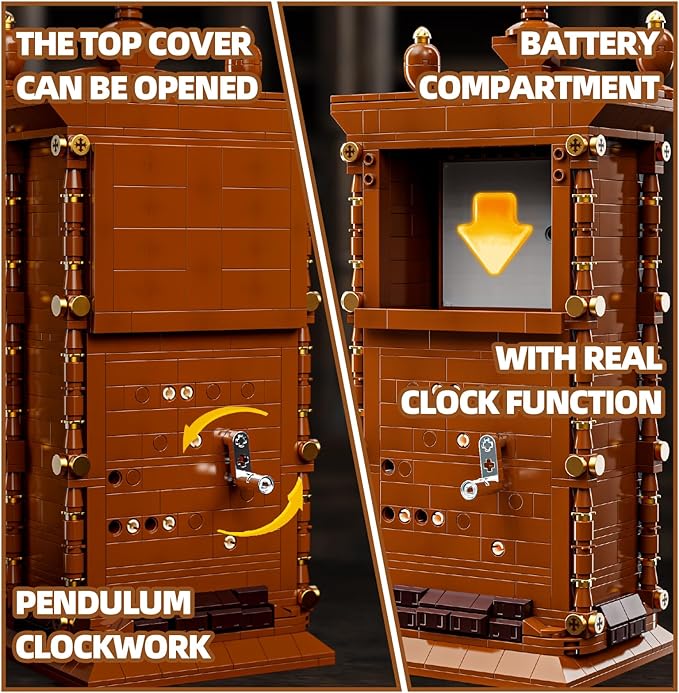 Retro Pendulum Clock Building Block Set,A Toy with Real Clock Function and Linked Mechanical Pendulum,Better Gift for Adults Teens Kids