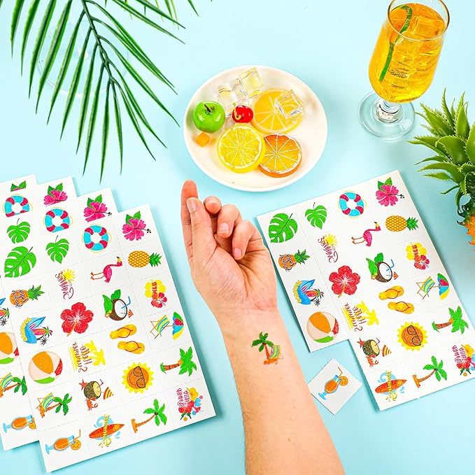 Landhoow 240 Pcs Summer Hawaiian Tattoos Temporary Glitter Face Tattoos Cool Body Sticker Costume Accessory Tattoos Party Favor