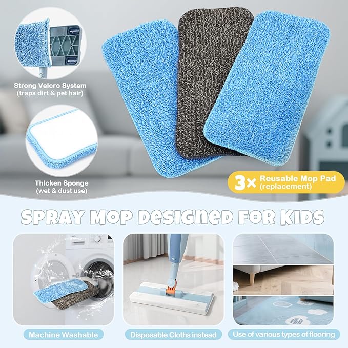 Dreamon Kids Spray Mop - Real Working Toddler Cleaning Set with Water Sprayer & 3 Washable Mop Pads & Scraper, Pretend Play Montessori Housekeeping Toys Gifts for Toddlers Kids Girls Boys(Blue)