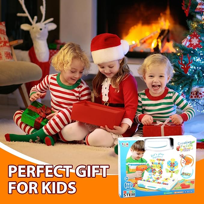 STEM Design and Drill Toy for Kids Ages 3-8, 193 Pcs Electric Drill Toy,Creative Building Toys,Magic Montessori Play Toolbox for Toddler Boys Girls Preschool,STEM Toys for 3 4 5 6 7 8 Year old