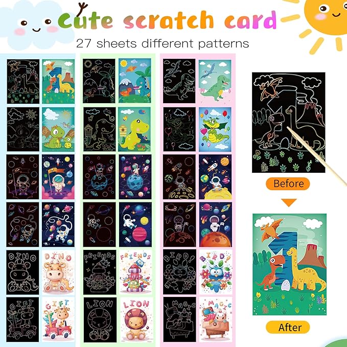 KSIWRE 3 Set Scratch Paper Art for Kids, Magic Rainbow Scratch Art with 3 Scratch Pen, Colorful Painting Book Gifts for Kids Boys Girls (Dinosaurs/Spaceman/Cute Animal)