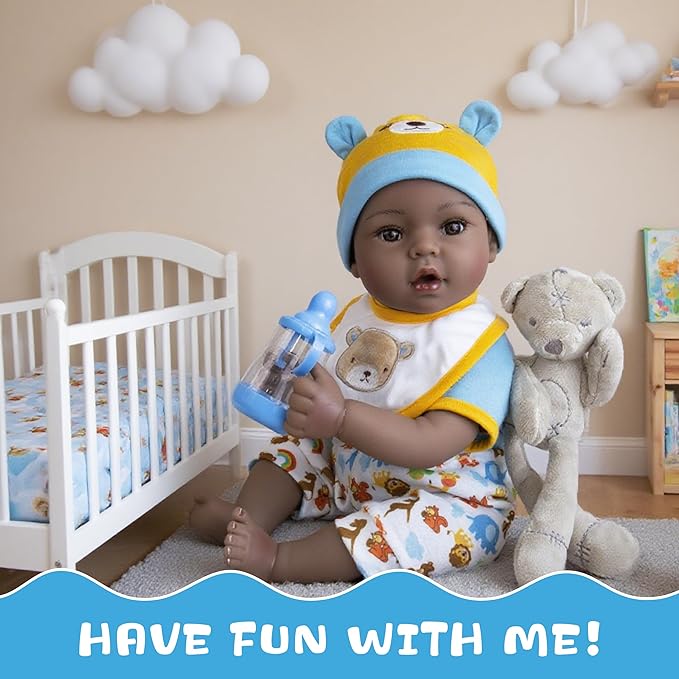 Lifelike Reborn Baby Doll, 18-Inch Realistic African American Baby Dolls Weighted Newborn Boy Doll Soft Cloth Body Real Life Dolls Gift for Kids 3+, Complete with Clothes and Toy Accessories