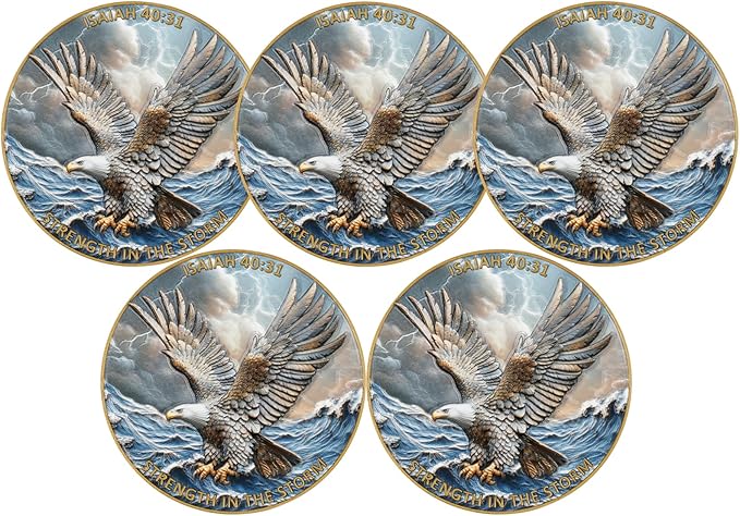 5Pcs 1.57 Inch Zinc Alloy Double-Sided 3D Eagle Challenge Coin - Colorful Inspirational Design with Isaiah 40:31, Strength in The Storm Theme(Pack of 5)