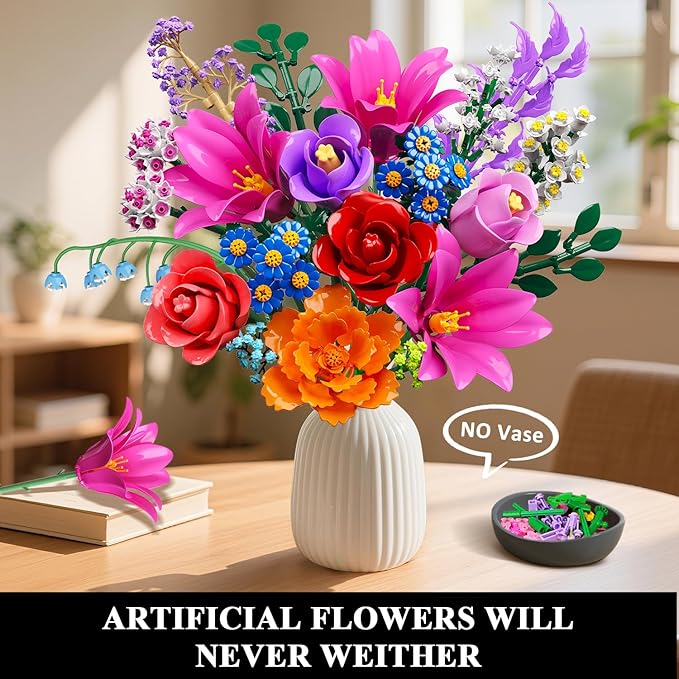 Flowers Bouquet Building Set with LED Light, 21 Flower Botanical Collection Building Block Toy, Rose Lily Plants Home Office Decor 1054PCS, for Her Adults Women Kids Girls 12+ (RED)