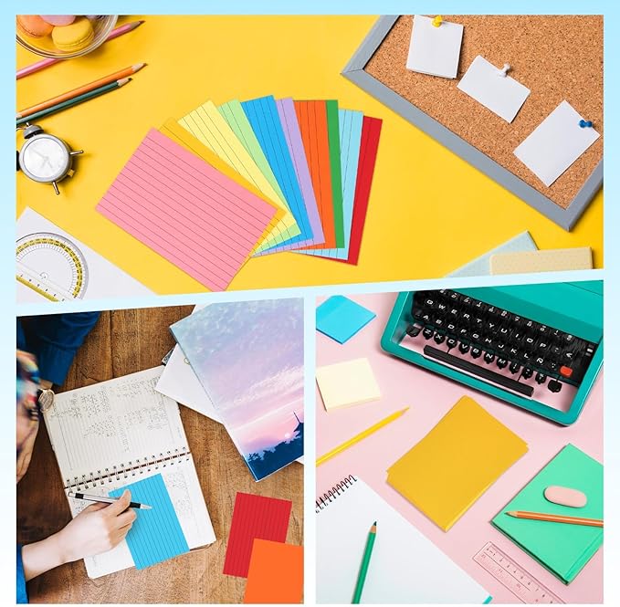 Tecmisse Colored Index Cards 4x6, 300 Pack, 10 Colors Ruled Note Cards, Flash Cards for Studying, Heavy Notecards for Office and School, One Side Lined, One Side Blank