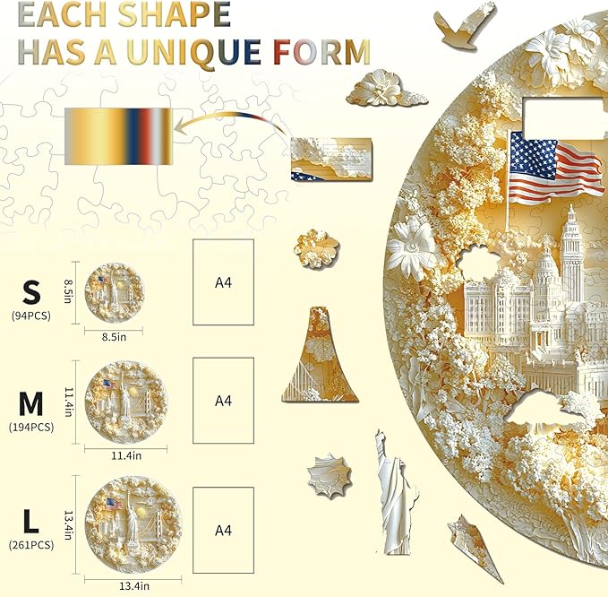 Wooden Puzzles for Adults,Statue of Liberty and Flag Puzzle, Unique Shaped Wooden Jigsaw Puzzles for Adults, Family Puzzle(100 Pieces 11.4X 11.4in 194pcs)