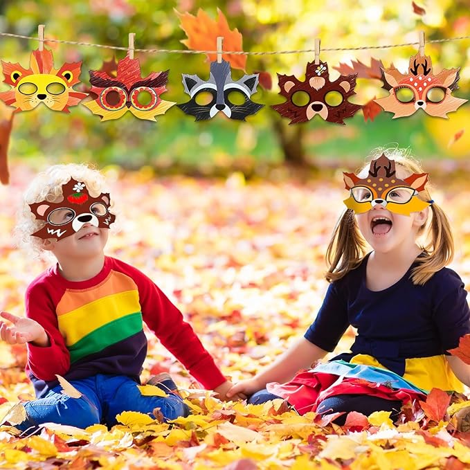 Funrous 24 Pcs Fall Craft Kits Autumn Maple Leaf DIY Mask Color Your Own Animal Blank Painting Paper Mask Thanksgiving Craft