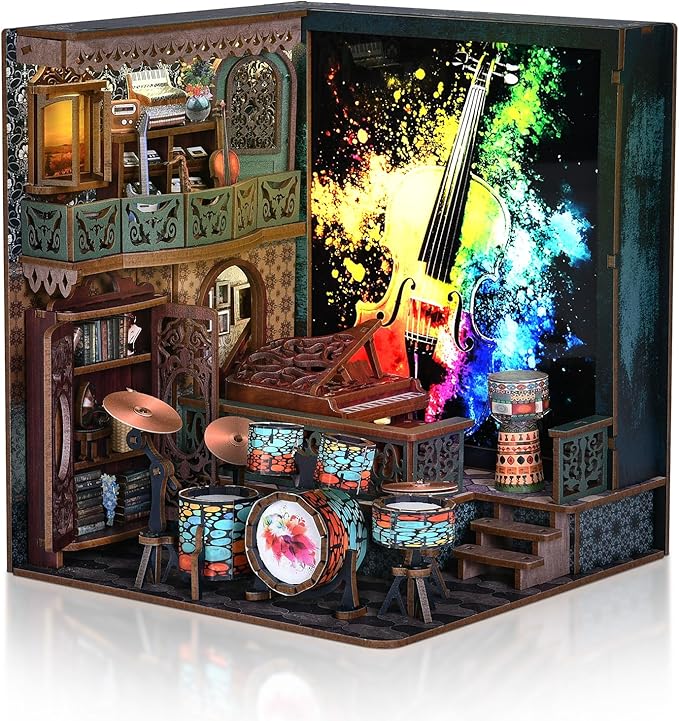 DIY Book Nook Kit, Miniature Bookshelf Decor with LED Lights, Laser-Cut Wooden Craft Set for Adults, Creative Gift for Christmas, Birthday, Music House